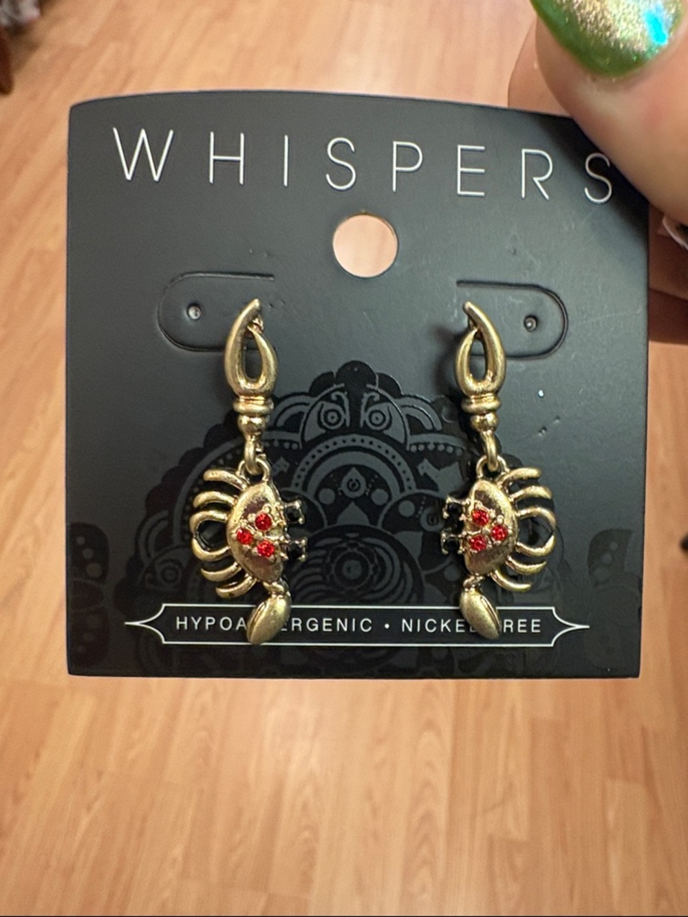 Whispers Gold Crab Dangle Earrings with Red Accents Hypoallergenic